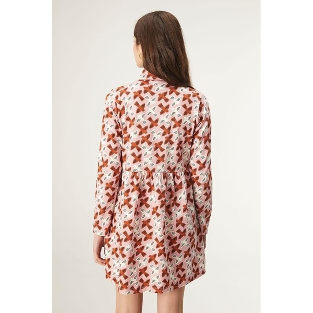 Compania Fantastica Pink Bird Print Long Sleeve Shirt Dress‎ XS Mini Fit Flare